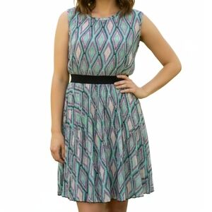 Mystree Teal Multi Pleated Geometric Pattern Sleeveless Midi Dress Size Medium